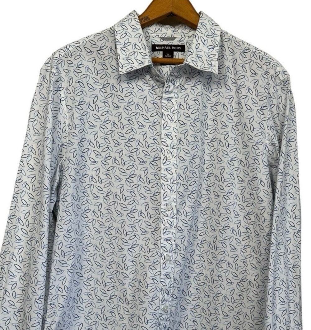 Michael Kors Men's Blue White Leafy Stretch Long Sleeve Dress Shirt Size XL